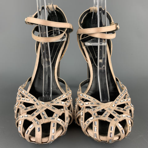 CELINE Size 6.5 Rose Crystal Embellishment Silk Ankle Strap Pumps