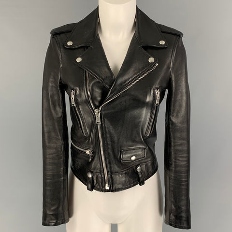 SAINT LAURENT Veste motard en cuir d'agneau noir taille 4
