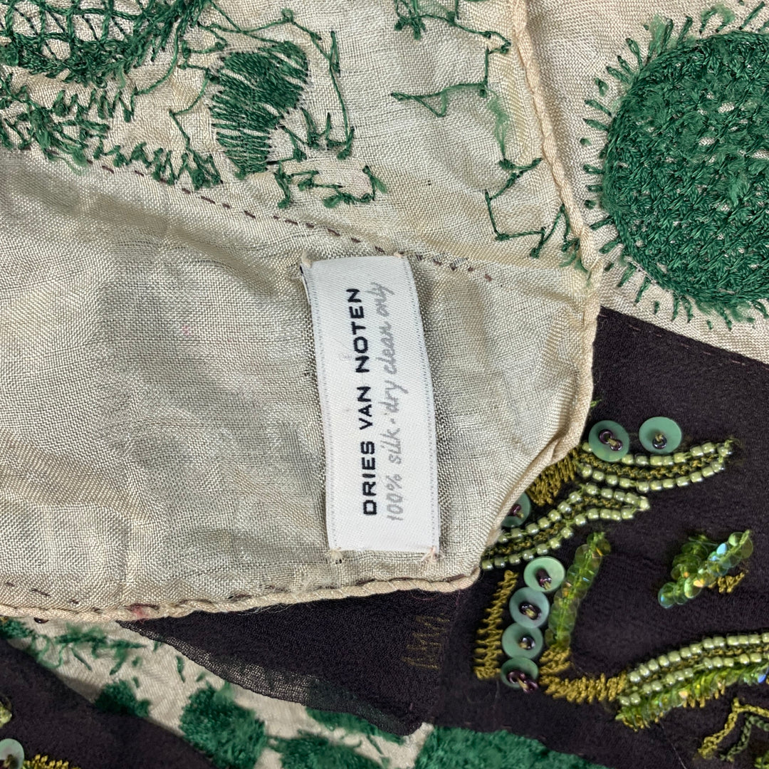 DRIES VAN NOTEN Beige Brown Green Embroidered Silk Scarf