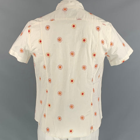 CORRIDOR Size L White Orange Linen / Cotton Short Sleeve Shirt