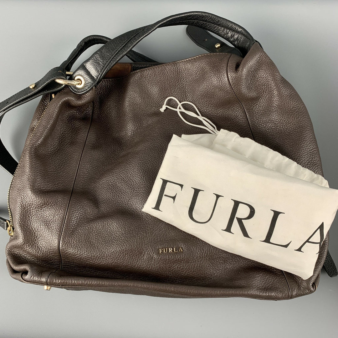 FURLA Brown Black Pebble Grain Leather Hobo Handbag