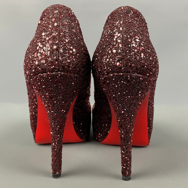 CHRISTIAN LOUBOUTIN Size 6.5 Burgundy Glitter Peep Toe Pumps