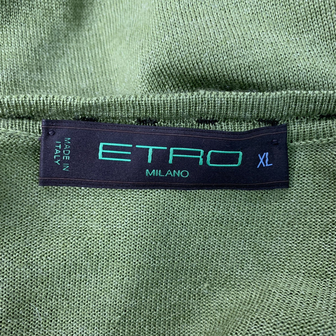 ETRO Size XL Green Contrast Stitch Wool &  Silk V-Neck Pullover