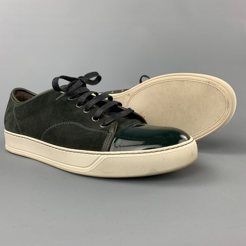 LANVIN Size 11 Olive Suede Patent Leather Cap Toe Sneakers