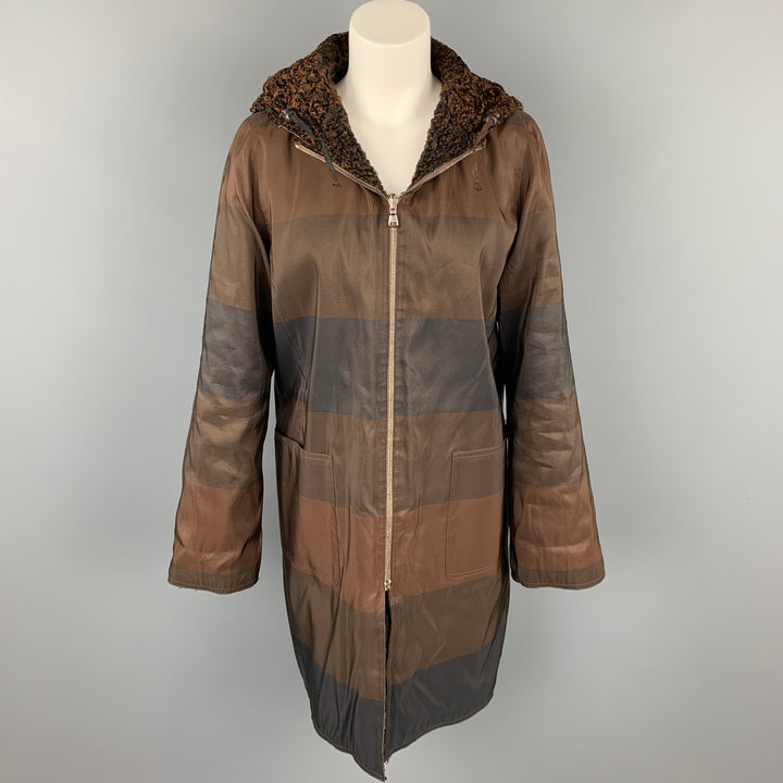 VINTAGE Size M Brown Stripe Astrakhan Fur Reversible Hooded Jacket
