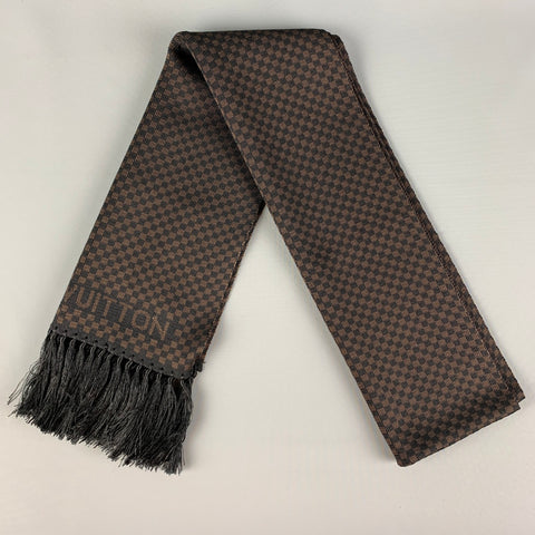 LOUIS VUITTON Black Brown Damier Silk Fringe Scarf