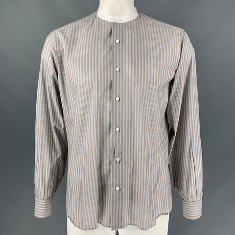 BAMFORD & SONS Size L Taupe &  White Stripe Cotton Nehru Collar Long Sleeve Shirt