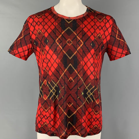 MCQ by ALEXANDER MCQUEEN Size L Red Black Plaid Lyocell Crew-Neck T-shirt