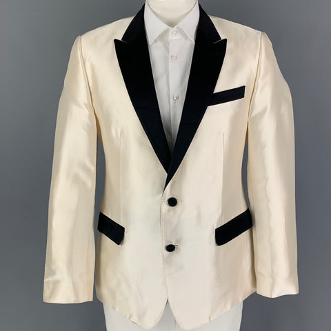 DOLCE & GABBANA Size 44 Regular Beige Black Silk Blend Sport Coat