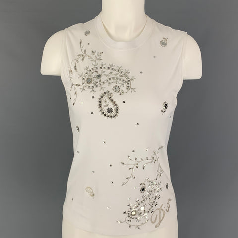 CHRISTIAN DIOR Talla 8 Camiseta bordada de algodón blanco plateado