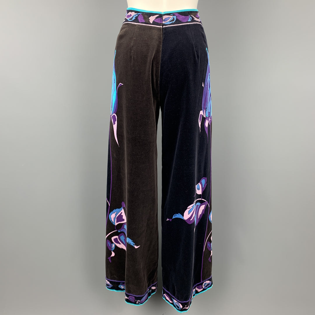 EMILIO PUCCI vintage Taille 14 Pantalon en velours floral noir &amp; marron bleu &amp; violet