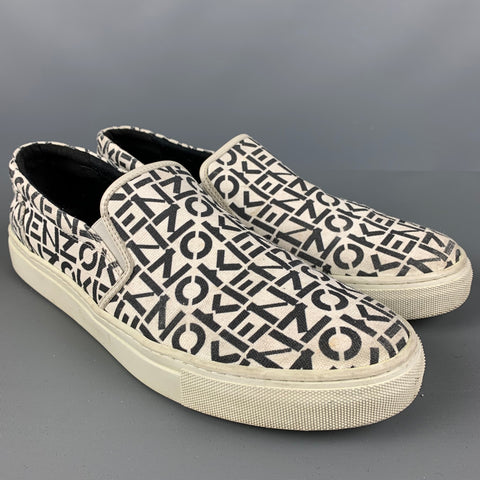 KENZO Size 10 White Black Logo Canvas Slip On Sneakers