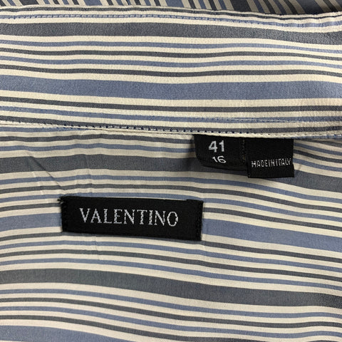 VALENTINO Size M Grey & Blue Stripe Silk Button Up Long Sleeve Shirt