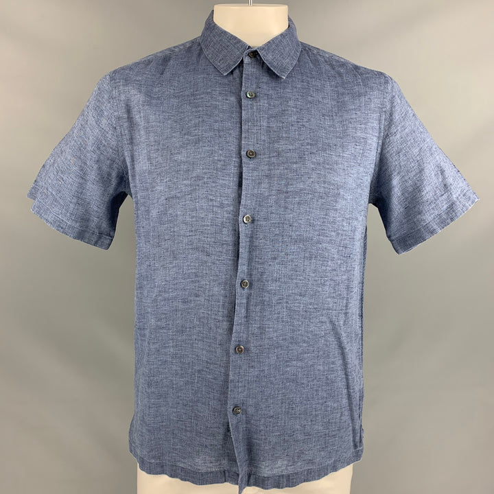 THEORY Size L Blue Linen Button Down Short Sleeve Shirt