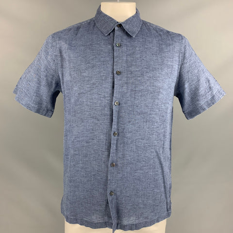 THEORY Size L Blue Linen Button Down Short Sleeve Shirt