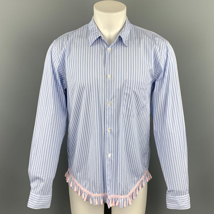 COMME des GARCONS HOMME PLUS Size M Blue Stripe Cotton Fringe Trim Long Sleeve Shirt
