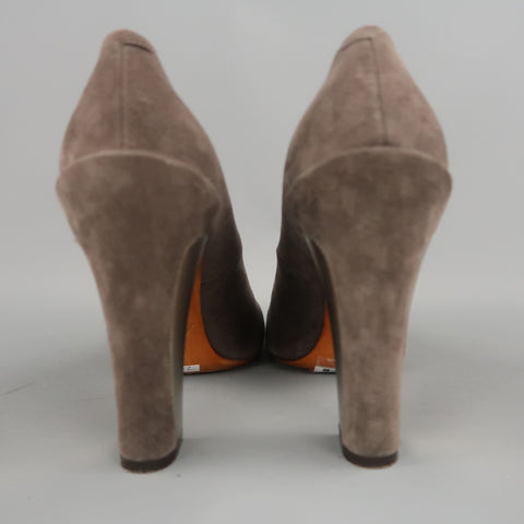 BRIAN ATWOOD Size 7.5 Taupe Suede Metal Chunky Heel Pumps