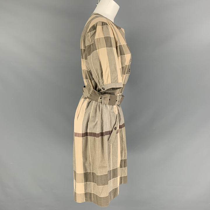 BURBERRY BRIT Size 12 Olive Beige Cotton &  Nylon Plaid Belted Dress