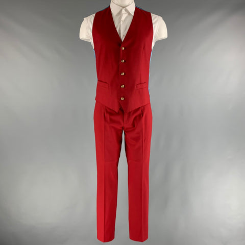 DOLCE & GABBANA Chest Size 38 Red Solid Wool  Elastane Peak Lapel 30 29 Suit