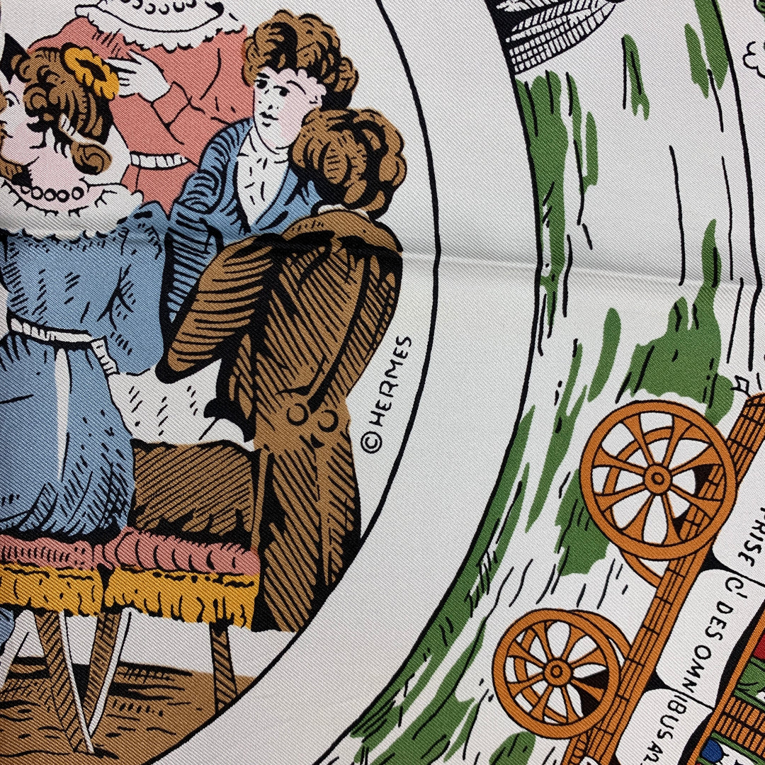 Vintage HERMES Seu des Omnibus et Dames Blanches by Hugo Grygkar Multi-Color Silk Scarf