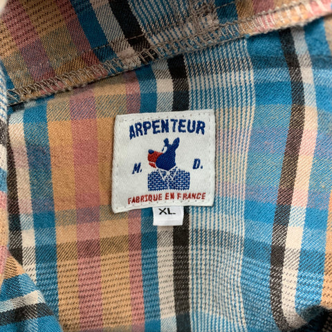 ARPENTEUR Size XL Blue & Tan Plaid Cotton Hooded Pop-Over Shirt