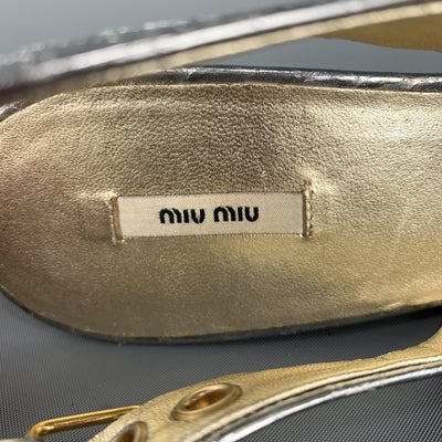 MIU MIU Size 7 Silver Snake Skin Peep Toe Slingback Wedge Sandals