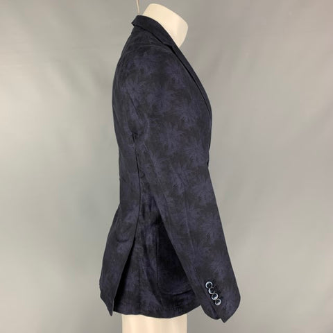 RODA Chest Size 38 Black & Purple Floral Cotton & Flax Notch Lapel Sport Coat