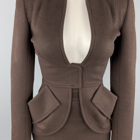 ZAC POSEN Size 2 Brown Felt Collarless Fishtail Pencil Skirt Suit