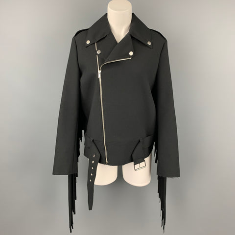 MSGM Size 6 Black Crepe Polyester Fringe Motorcycle Jacket