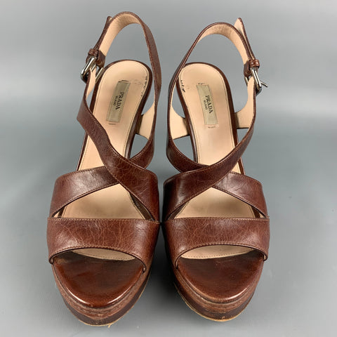 PRADA Size 8 Brown Leather Platform Sandals