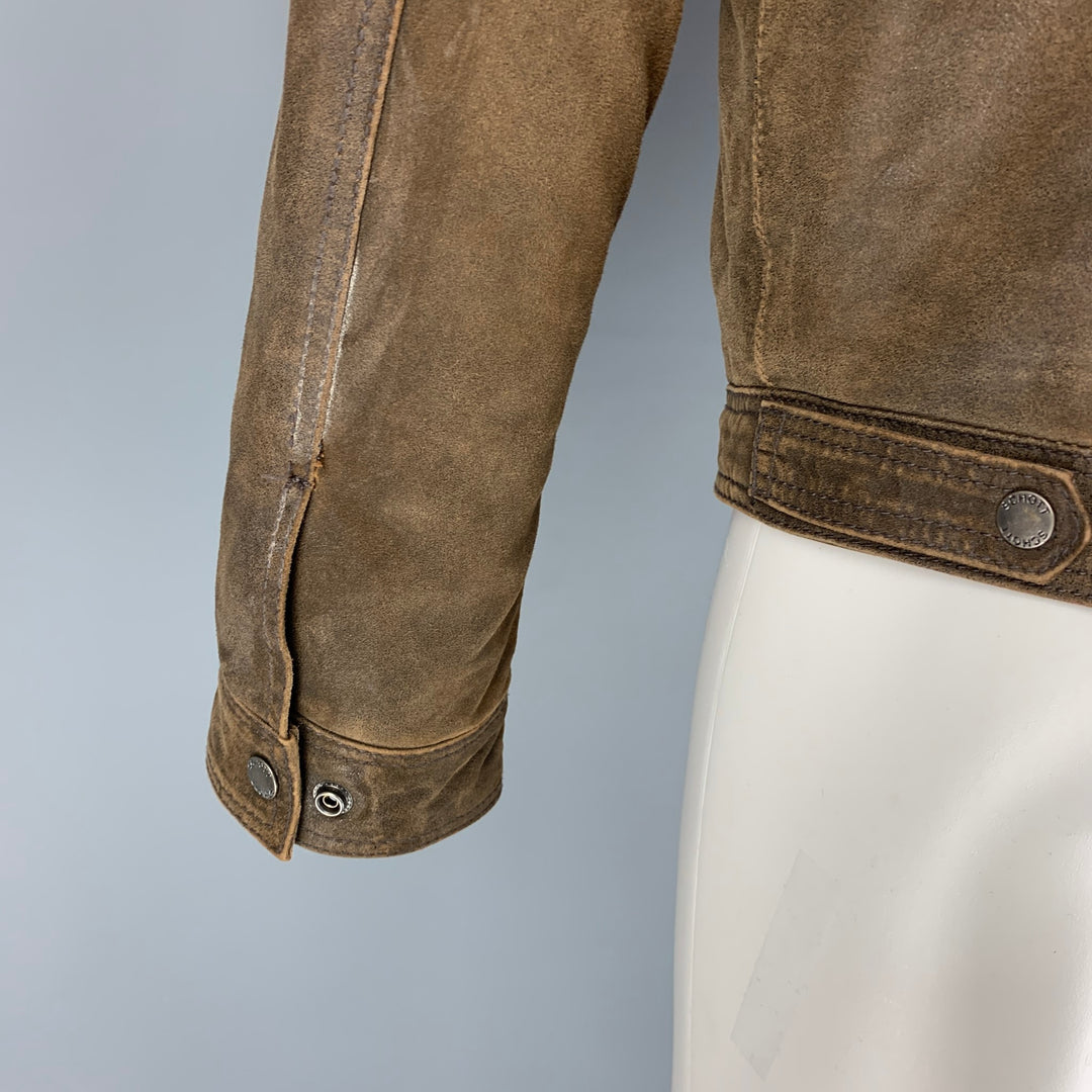 SCHOTT Size L Brown Distressed Leather Trucker Jacket