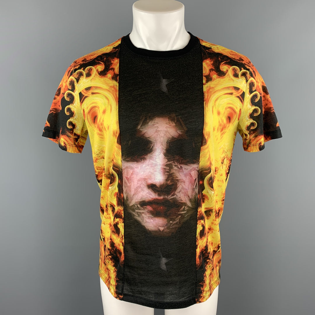 GIVENCHY "Madonna in Flames" Talla XS Camiseta con cuello redondo de poliéster con llamas negras y amarillas