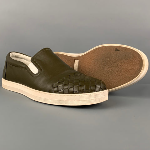 BOTTEGA VENETA Size 7.5 Olive White Woven Leather Slip On Sneakers