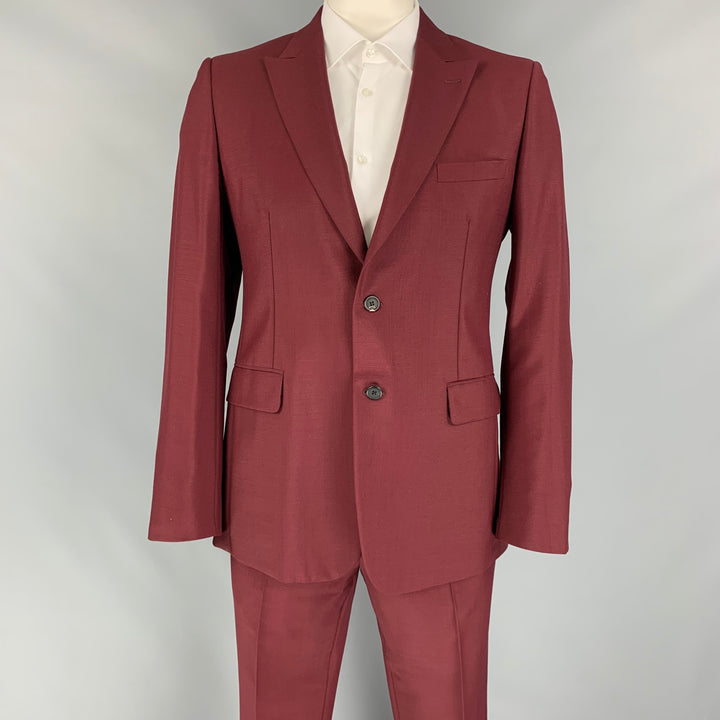 PRADA Size 42 Burgundy Mohair / Wool Peak Lapel Suit