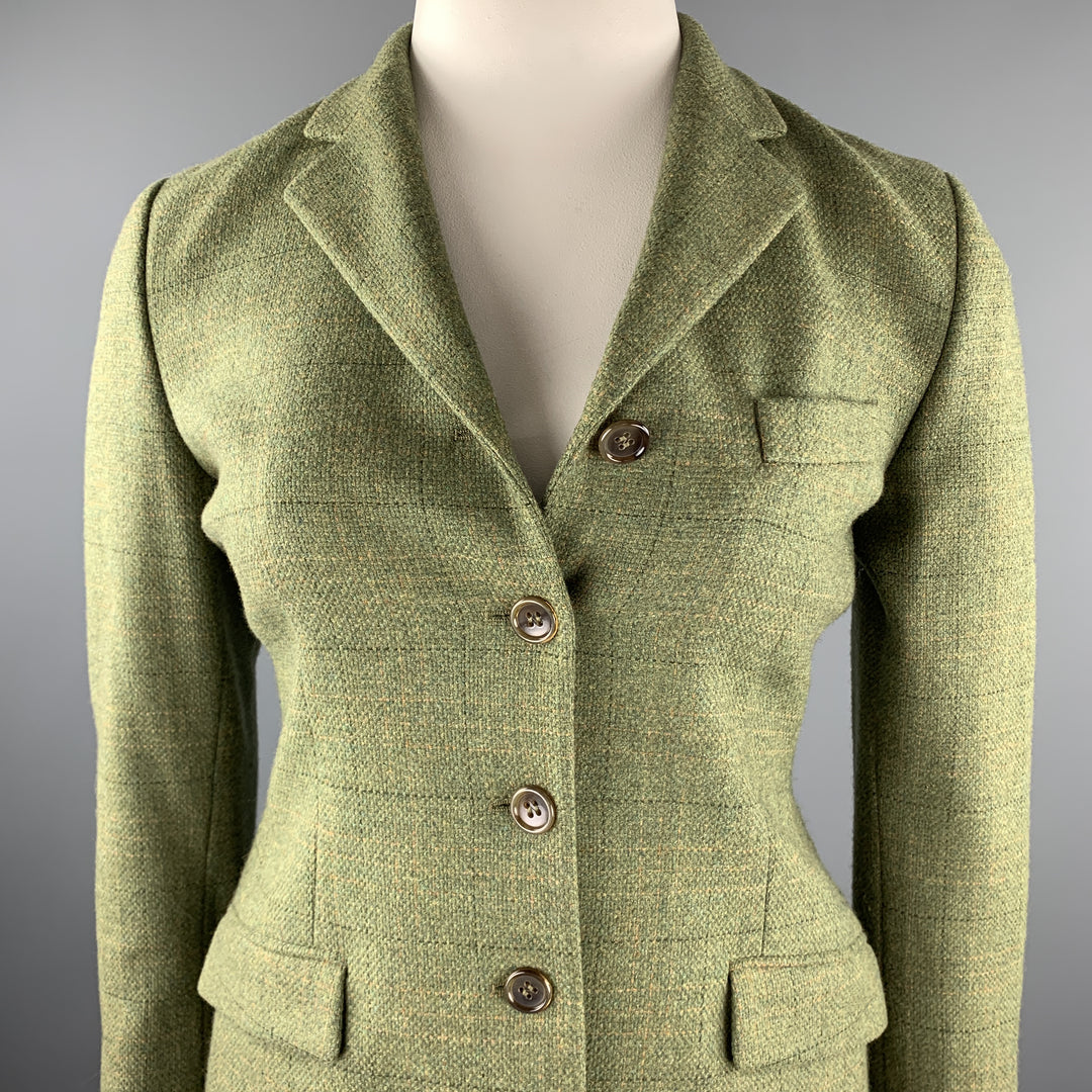 LUCIANO BARBERA Size 10 Green Windowpane Tweed Notch Lapel Jacket