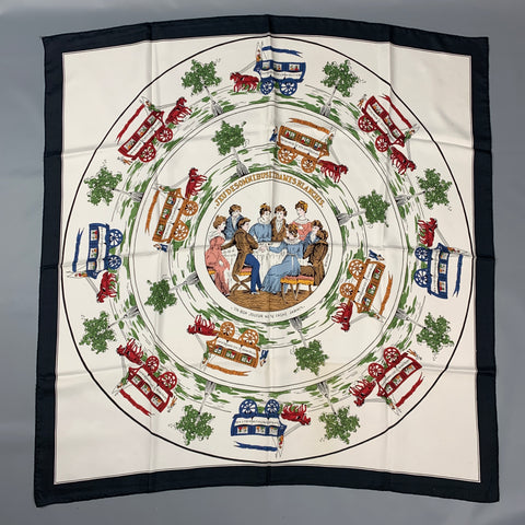 Vintage HERMES Seu des Omnibus et Dames Blanches by Hugo Grygkar Multi-Color Silk Scarf