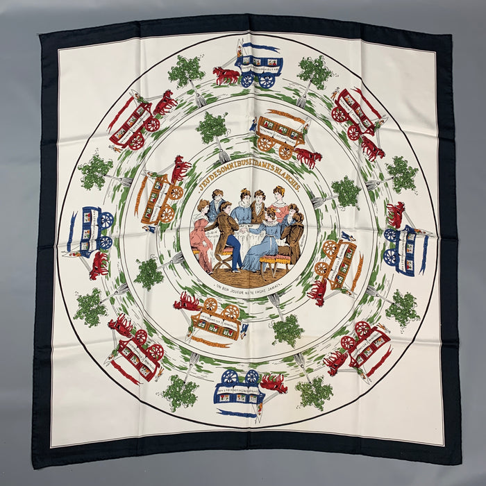 Vintage HERMES Seu des Omnibus et Dames Blanches by Hugo Grygkar Multi-Color Silk Scarf
