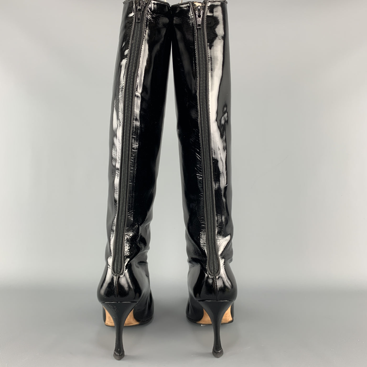 MANOLO BLAHNIK Size 8 Black Patent Leather Pointed Knee High Boots