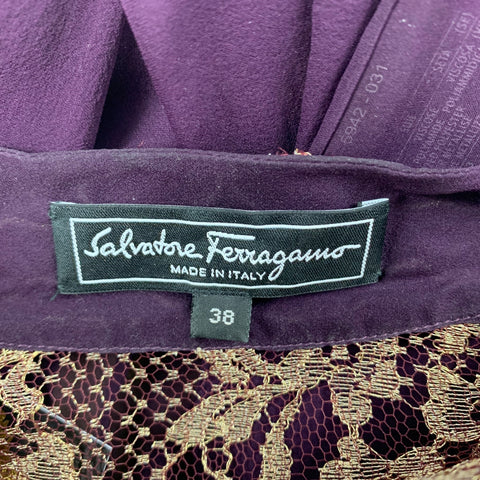 SALVATORE FERRAGAMO Size 2 Eggplant Gold Silk Lace Blouson Dress Top