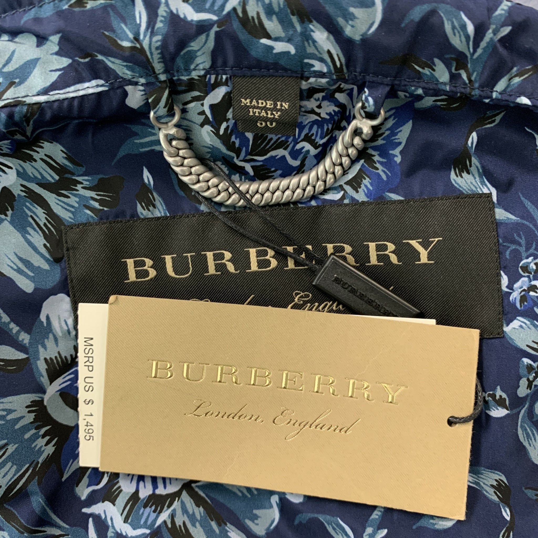 BURBERRY Size M Blue Floral Nylon Windbreaker Jacket Sui Generis Designer Consignment