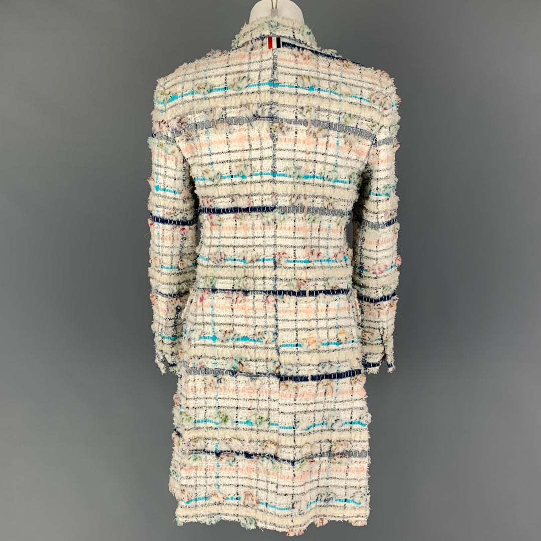 THOM BROWNE Size 4 White Multi-Color Textured Single breasted Coat