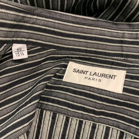 SAINT LAURENT Size M Black Grey Stripe Cotton Long Sleeve Shirt