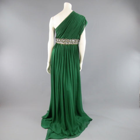 NAEEM KHAN Taille 8 Robe de soirée en soie vert émeraude à une épaule et taille en cristal