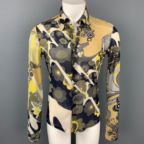 JUST CAVALLI Size S Multi-Color Print Polyamide Snaps Long Sleeve Shirt