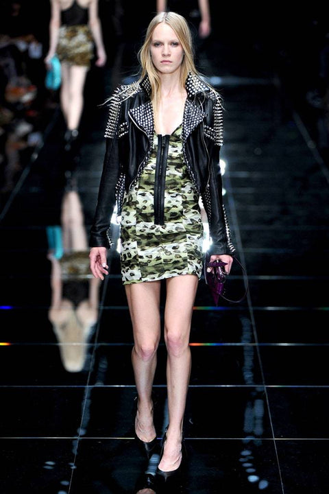 BURBERRY PRORSUM Spring 2011  Size 10 Green Black Silk Camouflage Leather Knee-Length Dress