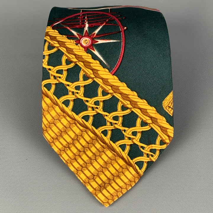 HERMES Green Gold Print Silk Neck Tie