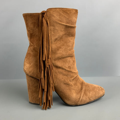 GIUSEPPE ZANOTTI Talla 7.5 Botas de tacón grueso con flecos de ante marrón