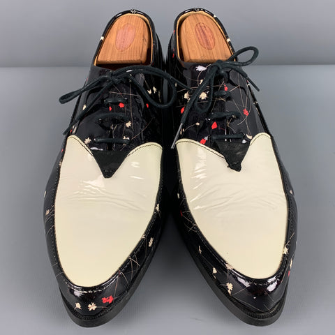JOHN FLUEVOG Size 8 Black White Floral Patent Leather Lace Up Shoes
