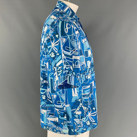 HERMES Size XL Blue White Print Cotton Zip Up Short Sleeve Shirt