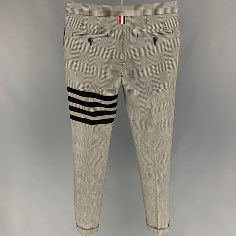 THOM BROWNE Talla 0 Pantalón de vestir con puños de lana a cuadros Glen negro y blanco
